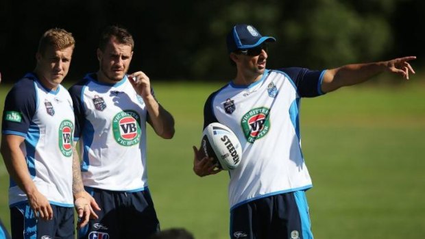 Targets: Trent Hodkinson and Josh Reynolds with Blues coach Laurie Daley.