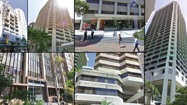 Government buildings beings sold off (clockwise from top left): David Longland Building at 81 George Street; Education House on Mary Street; Mineral House at 41 George Street, Brisbane; 33 Charlotte Street; 61 Mary Street; and Primary Industries Building at 80 Ann Street.