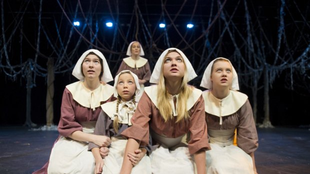 The hysterical girls from the cast of The Crucible ( from left) Yanina Clifton, Katy Larkin,  Zoe Priest, Alysandra Grant, (back) Saffron Dudgeon.
The Canberra Times
Date: 28 April 2015
Photo Jay Cronan