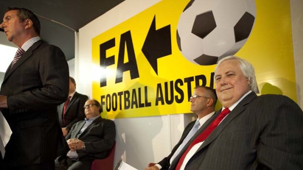 ''Much like the Lowy Institute'' &#8230; Clive Palmer, far right, launches his self-styled watchdog body, Football Australia, last week.