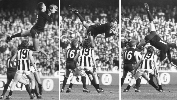 Stephen Silvagni uses Craig Starcevich as a launch pad in the July 2, 1988 match against Collingwood.