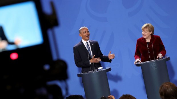 President Barack Obama makes a point during his press conference with German Chancellor Angela Merkel.