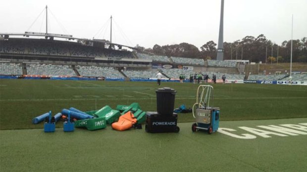 Sleet and snow hit the Canberra Raiders training session at Bruce today.