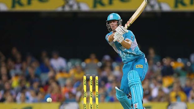 Chris Lynn of the Heat improvises during his innings of 81.