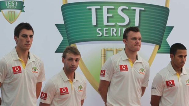 Tis the season &#8230; Australian players, from left, Pat Cummins, Phillip Hughes, Doug Bollinger and Usman Khawaja pose for the media launch of the domestic summer series.