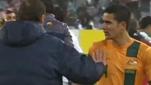Not happy: Tim Cahill reacts after being substituted.