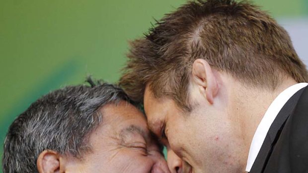 Richie McCaw performs a traditional Maori welcome, during his team's official World Cup welcoming ceremony in Auckland.