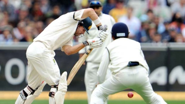 Solid ... Ed Cowan plays a defensive shot on day one of the Boxing Day Test.