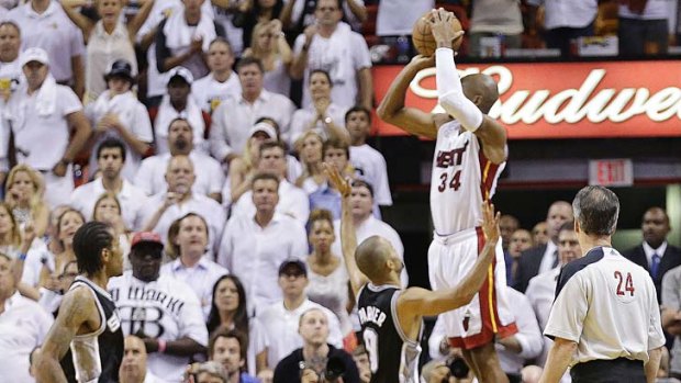 Cometh the hour: Ray Allen leaps to score with just seconds remaining.