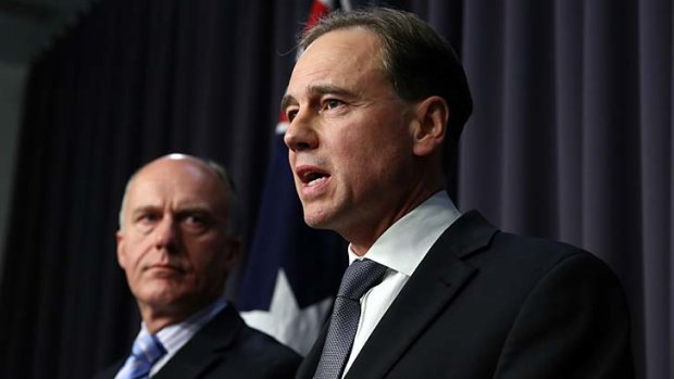 Leader of the government in the Senate, Eric Abetz, and Environment Minister Greg Hunt address the media after the failed vote.