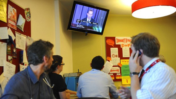 Staff at The Alfred hospital watch teh debate in the ICU staff room.
