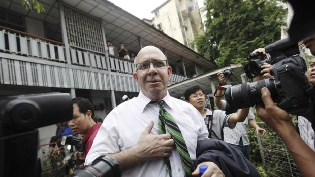 Larger than life ... journalist Ross Dunkley appears outside a Rangoon court on June 30 after being sentenced.