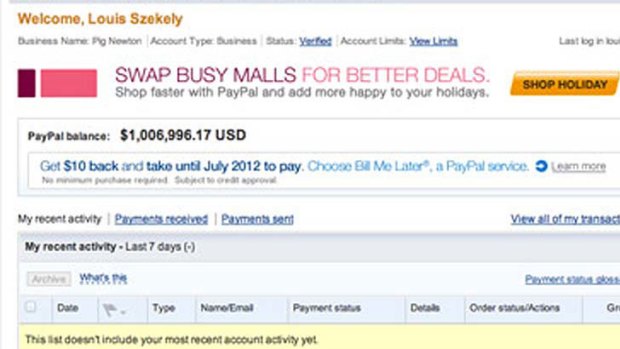 A screenshot of Louis CK's PayPal account, which he published on his website.