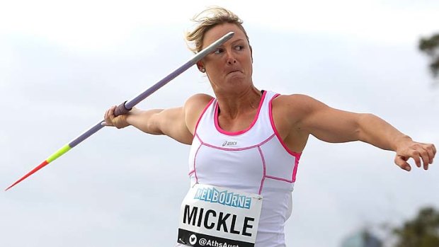 Kim Mickle takes aim during during the IAAF Melbourne World Challenge at Olympic Park on Saturday.