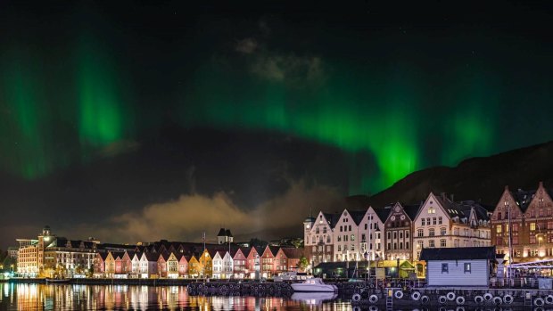 Northern Lights over scenic Bergen, Norway.