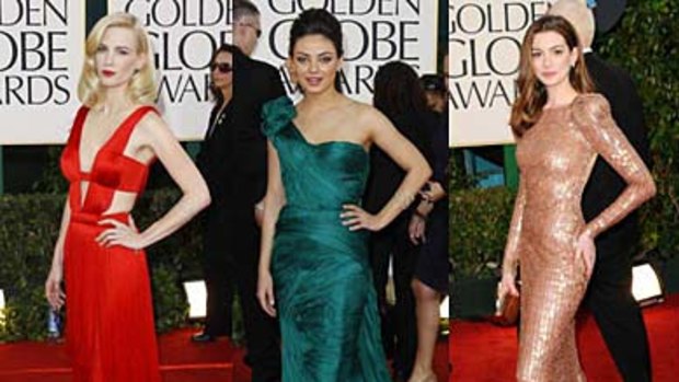 Walking the walk ... January Jones, Mila Kunis and Anne Hathaway shine at the Golden Globe Awards at the Beverley Hilton hotel.