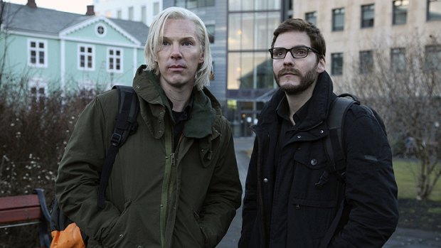 Benedict Cumberbatch as Julian Assange (left) with Daniel Bruhl as Daniel Domscheit-Berg film the WikiLeaks drama, <i>The Fifth Estate</i>, in Reykjavik, Iceland.