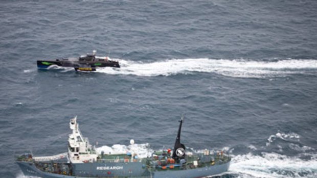 Sea Shepherd's Gojira pursues Japanese Antarctic whale research vessel Yushin Maru No. 2 in Antarctic waters earlier this month.