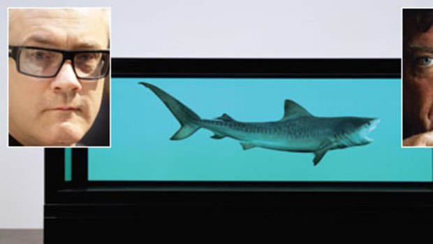 Damien Hirst (left), Robert Hughes and the 'overrated' shark in formaldehyde.