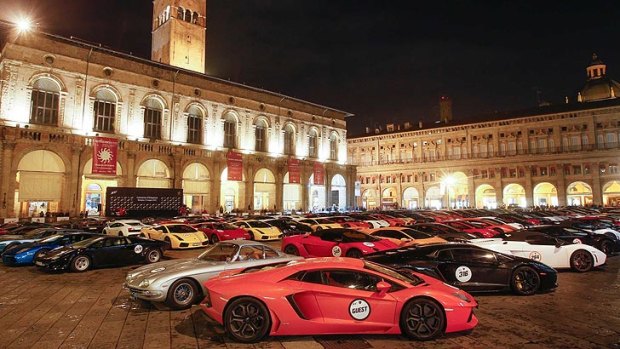Lamborghini's packed into the central square in the town of Bologna.