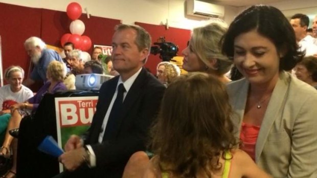 Opposition Leader Bill Shorten, hiw wife Chloe, and candidate Terri Butler at the launch of Labor's Griffith campaign.