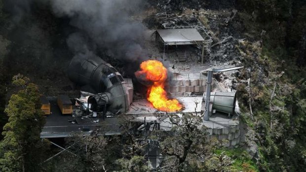 Coal face of fury ... Flames burn out of control from a ventilation shaft at the Pike River Mine on November 30, 2010.