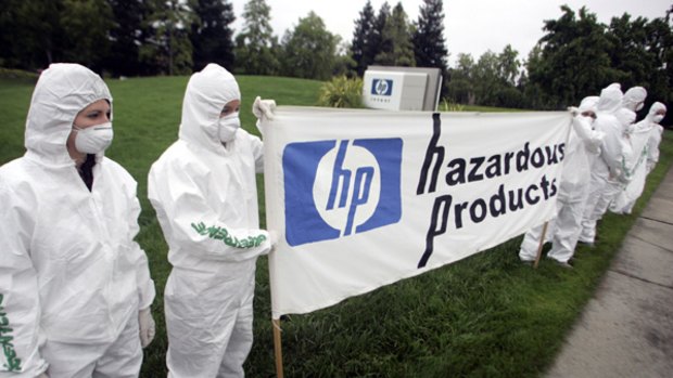 Greenpeace activists protest outside Hewlett Packard headquarters in Palo Alto, California.