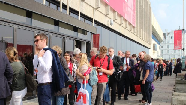Labour Party members queuing to hear Jeremy Corbyn's speech.
