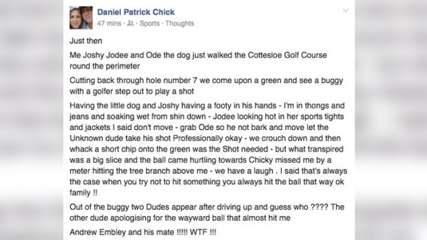 Daniel Chick's Facebook post about his unlikely meeting with Andrew Embley.