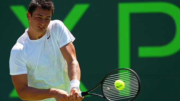 Bernard Tomic in action during his defeat of Frenchman Marc Gicquel at the Sony Open in Key Biscayne, Florida.
