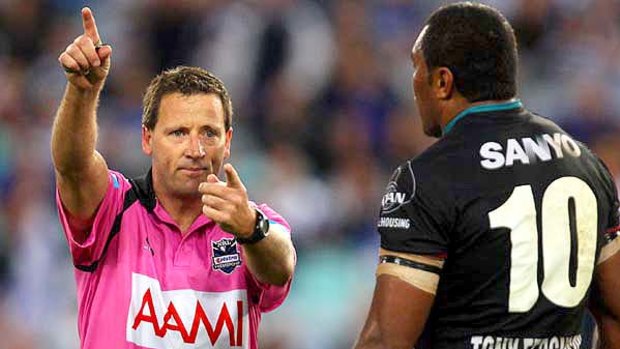 Marched . . . Referee Steve Lyons sends off Petero Civoniceva of the Panthers on Monday night.