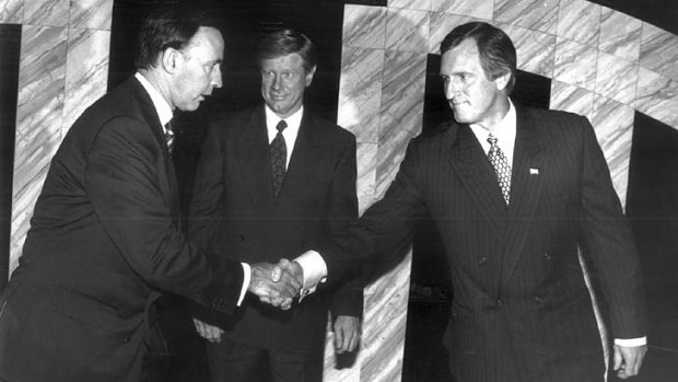 Rivals ... Keating, left, and Hewson about to debate.
