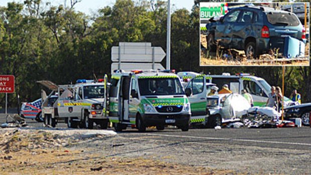 The aftermath of a fatal crash involving a car carrying Damien Oliver's mother. (Inset) The other vehicle.
