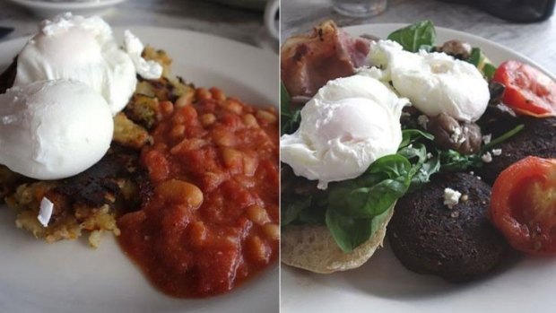 Bubble and squeak (L) and the breakfast bruschetta with extra black pudding.