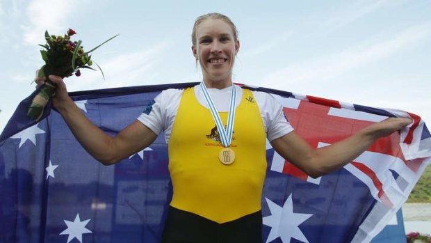 Kim Crow poses with her gold medal after the women's single sculls final during day eight of the 2013 World Rowing Championships in Chungju, South Korea.