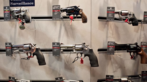 Revolvers on display in the Smith & Wesson booth at a gun expo in Nashville. 
