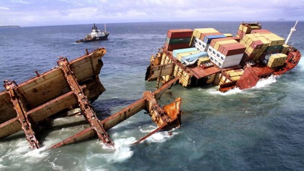 The Rena breaks up after grounding on Astrolabe Reef.