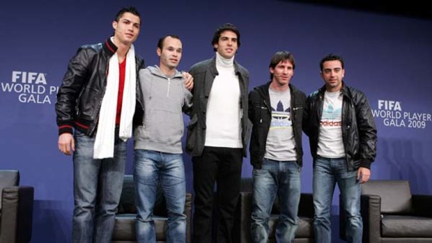 (L-R) Portugal's Cristiano Ronaldo, Spain's Andreas Iniesta, Brazil's Kaka, Argentina's Lionel Messi and Spain's Xavi Hernandez during a Press Conference for the FIFA 2009 World Player Of The Year.