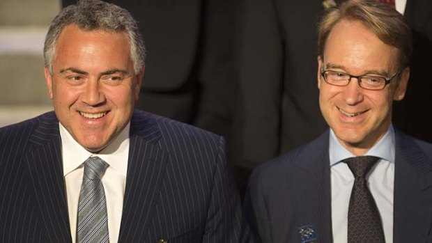 'Back-pocket plans' in place: Joe Hockey with the chairman of Germany's Central Bank, Jens Weidmann in Washington.