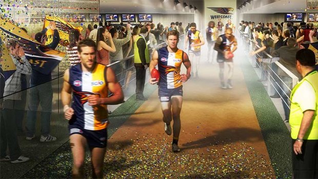An artist's impression of what it might look like when West Coast Eagles players run on to the field through a "field box" at the planned Burwswood football stadium.