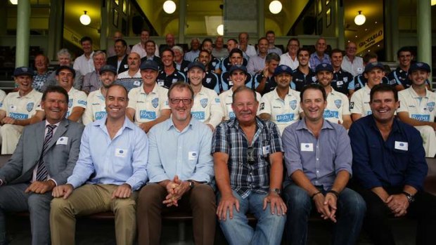 Exclusive club: Six of the men to have played 100 games for NSW front the gathering of Baggy Blues. From left, Phil Emery, Michael Bevan, Geoff Lawson, Steve Rixon, Mark Waugh and Mark Taylor.