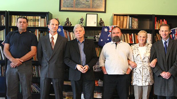 Members of the Australia First party, from left: Tony Pettitt, Rob Fraser, Jim Saleam, Alex Norwick, Marleen Rapp, and an organiser who would not be named, meet in Sydney.