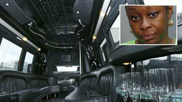 The interior of the"brothel-on-wheels" limo and, inset, Christine Morteh, who was arrested for alleged prostitution.