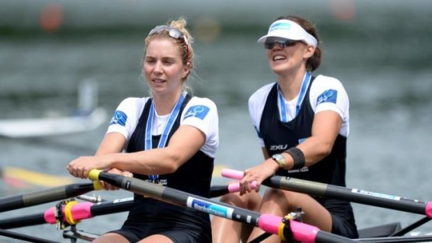 Kiwis Zoe Stevenson and Fiona Bourke celebrate after winning the Women's Double Sculls Final A at the Rowing World Cup.