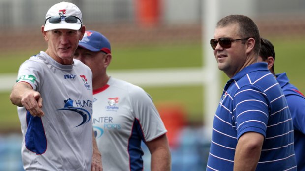 Newcastle Knights owner Nathan Tinkler chats with coach Wayne Bennett at the start of the season.