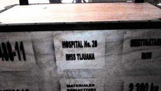 A large box that is part of the cargo of a stolen truck hauling medical equipment with extremely dangerous radioactive material, in Tepojaco, Hidalgo state, north of Mexico City.