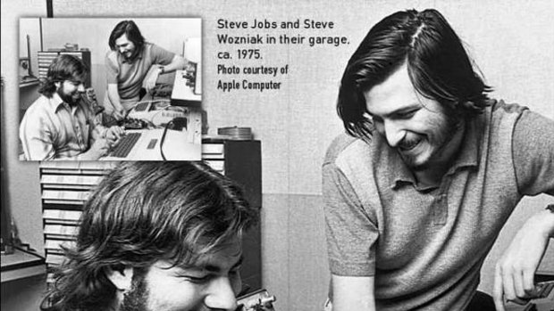 Apple founders Steve Jobs and Steve Wozniak tinker in their garage in 1975.