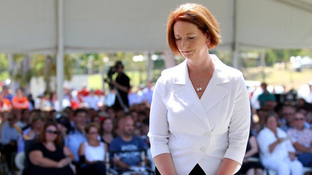 Prime Minister Julia Gillard attends a ceremony in Gatton, Queensland, to remember victims of last year's floods.