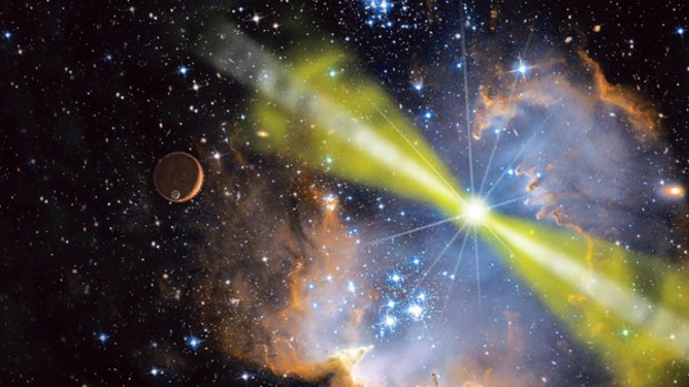 An artist's conception of the  gamma ray burst close up. Observations suggest material was shot outwards in  two jets - the white and yellow beams.