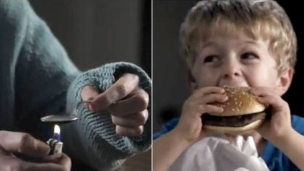 Fixing for a fight  ...  the  ad shows a mother preparing heroin, which changes into a hamburger that gets eaten by her son.